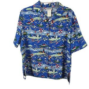 Bon Worth Vtg Nautical Blue Lighthouse Shirt Beachy Coastal Grandmother Aloha MP